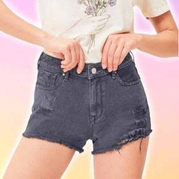 PACSUN High Rise Festival Ripped Distressed Denim Short Sz 24 Gray Black - Picture 1 of 6